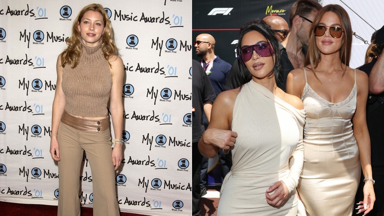 Jessica Biel poses wearing a beige knitted turtleneck and beige tailored trousers on the left and Kim and Khloé Kardashian wearing beige dresses on the right.