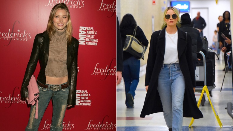 Jessica Biel smiles wearing a brown leather jacket, a beige knitted turtleneck, and distressed flared jeans on the left and Margot Robbie walking wearing jeans, a white top, and a black coat on the right.