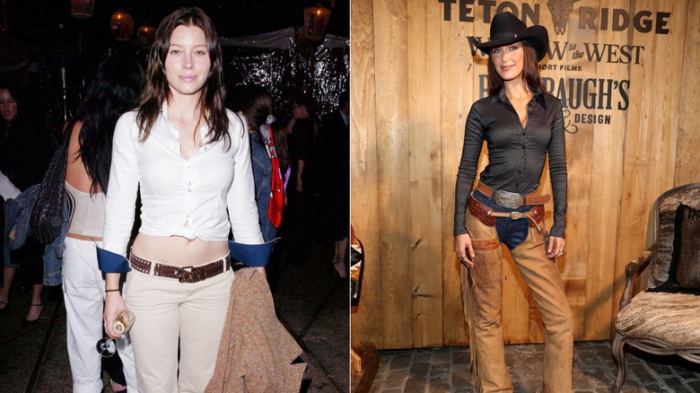 Jessica Biel smiles wearing beige flare jeans and a white shirt on the left and Bella Hadid smiles wearing a shirt and a cowgirl hat on the right.