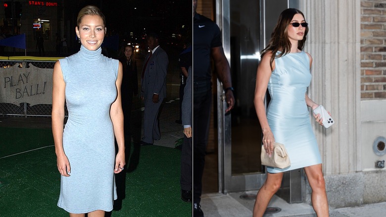Jessica Biel smiles wearing a gray turtleneck midi dress