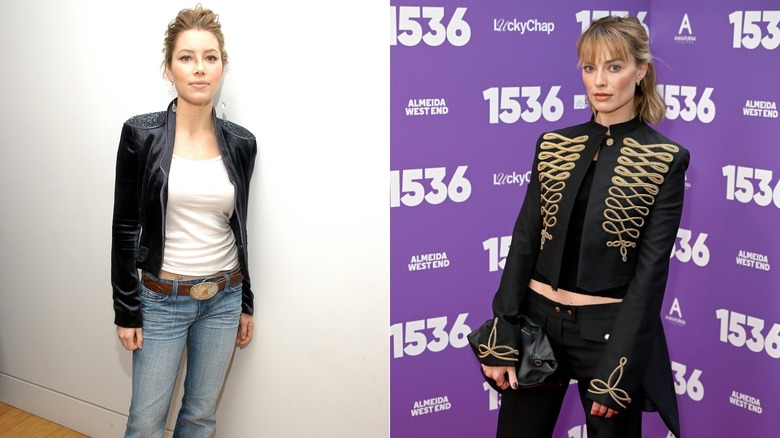 Jessica Biel poses wearing a velour jacket over a white T-shirt and flare jeans on the left and Margot Robbie poses wearing a Napoleonic jacket on the right.