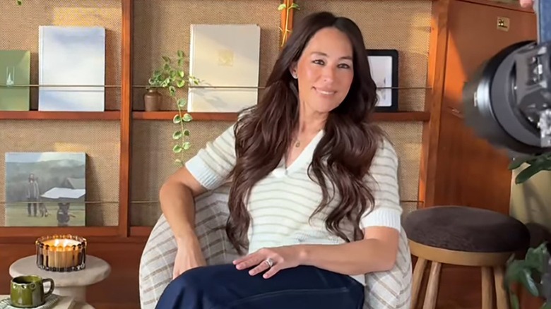 Joanna Gaines in a white striped sweater