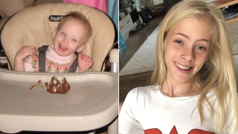 Hazel Moder as a baby and in 2021