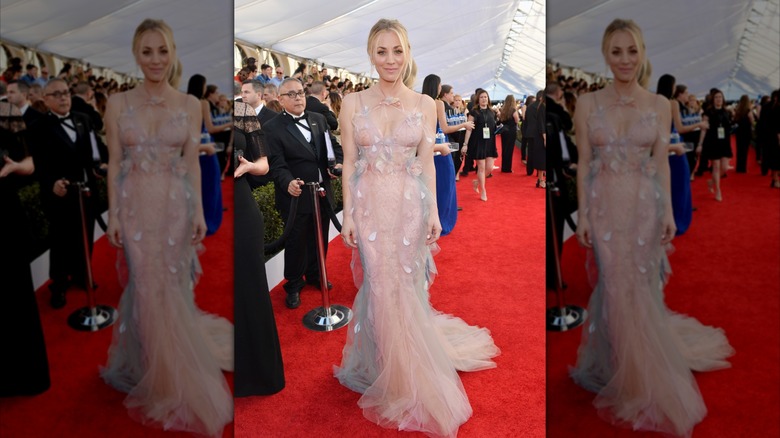 Kaley Cuoco smiles in a pink tulle dress