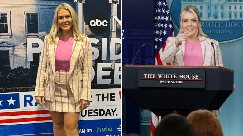 Karoline Leavitt takes a question at a press briefing