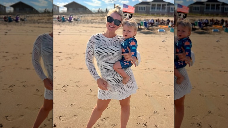 Karoline Leavitt posing with her son on the beach