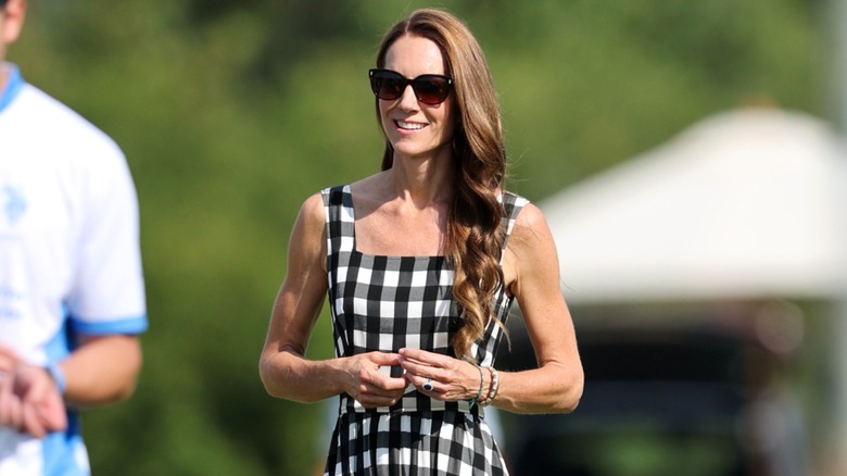Kate Middleton wears black and white gingham and sunglasses on July 10, 2026
