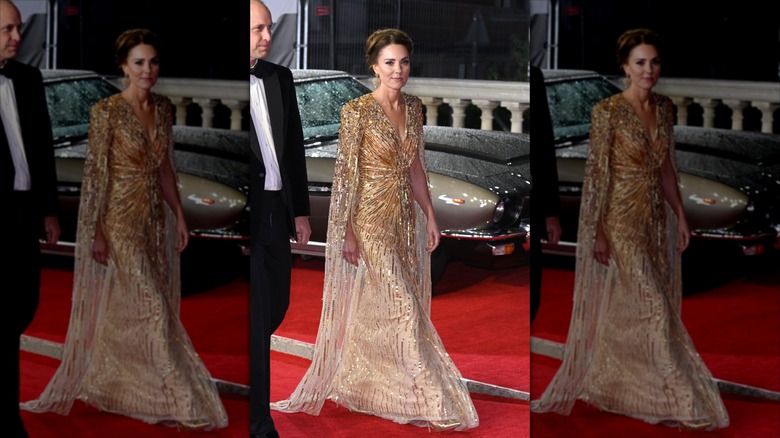 Kate Middleton walks the red carpet on a gold encrusted dress