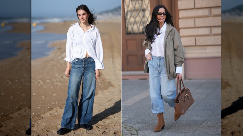 Two women in a white button down shirt and wide-leg jeans.