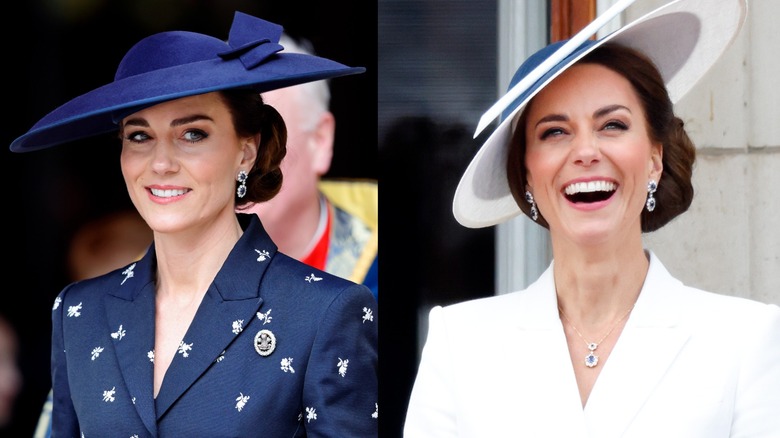 Side-by-side image of Kate Middleton wearing a navy blue outfit and hat with sapphire drop earrings on the left and wearing a white outfit and hat with sapphire drop earrings on the right.