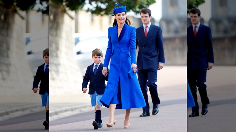 Kate Middleton wearing a cobalt-blue dress with matching pillbox hat after the royals' annual Easter church service in 2023.