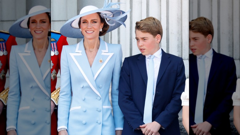 Kate Middleton wearing a blue coat dress with white trim and a matching wide-brimmed hat at Trooping the Colour 2026.