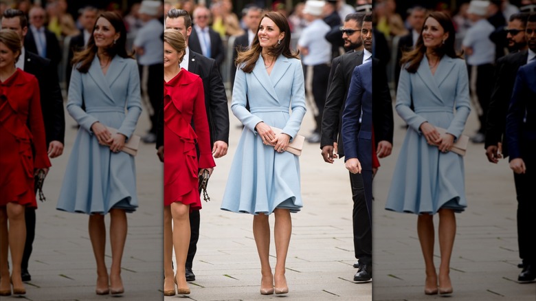 Kate Middleton wearing a powder-blue coat dress at an event in 2017.