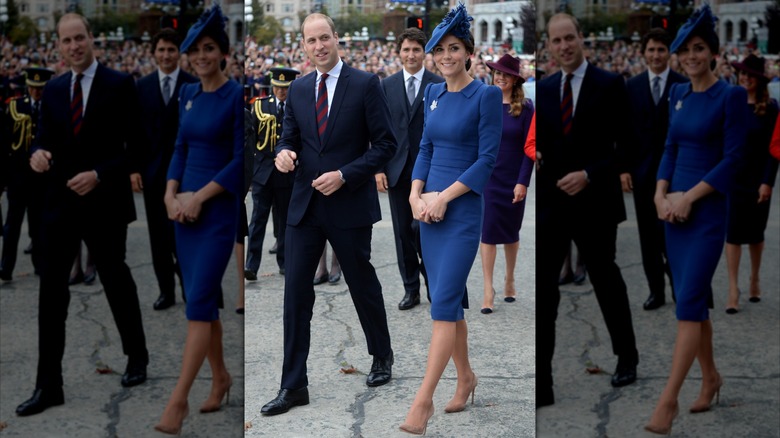 Kate Middleton wearing a form-fitting dark-blue dress and matching hat and Prince William in a suit at a welcome event for their royal tour of Canada in 2016.