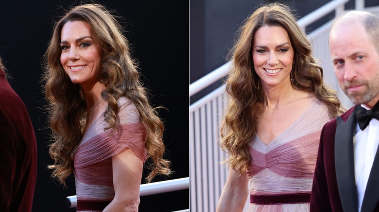 Kate Middleton with curly hair at the BAFTAs in 2026, standing with Prince William of Wales