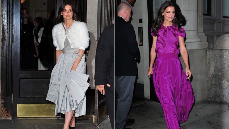 Katie Holmes in a gray dress and fur jacket in New York City in March 2011 / Katie Holmes in a violet dress in New York City in May 2011