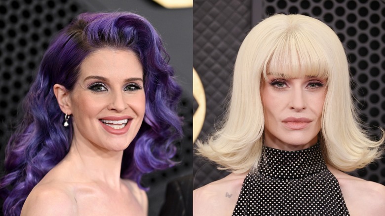 Side-by-side of Kelly Osbourne in 2024 and in 2026. Left: Osbourne in 2019. She has a fuller face, and is wearing her purple hair in a ponytail with blunt bangs. She is wearing a black blazer and black button down. Right: Osbourne in 2026. Her face is noticeably more gaunt, with prominent cheekbones and a more narrow jaw. She is wearing a blonde wig with the ends flipped up and blunt bangs, 60s style. She is wearing a sleeveless, high-neck black gown with sliver rhinestones.