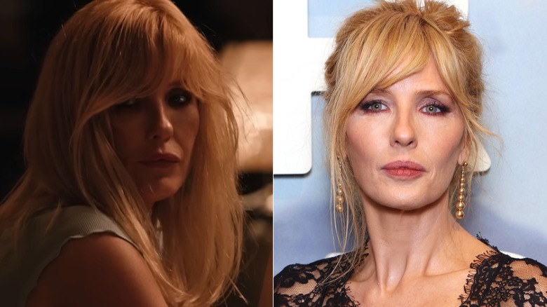 Side-by-side of Kelly Reilly in-character as Beth Dutton and Reilly in real life. Left: Reilly as Dutton in "Yellowstone." Right: Reilly in real life at an event.