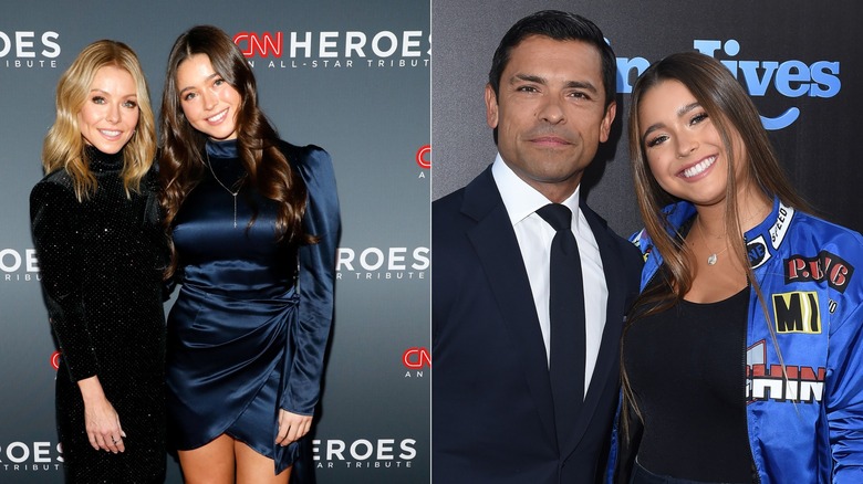 Left: Lola Consuelos in a blue satin dress posing next to her mom Kelly Ripa in a black sparkly dress. Right: Consuelos in a blue bomber jacket standing next to her father Mark in a navy blue suit.
