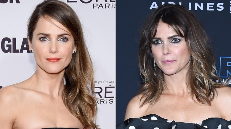 ﻿﻿Keri Russell with silky straight hair (L) and Keri Russell with voluminous straight hair with waves at the tips (L)
