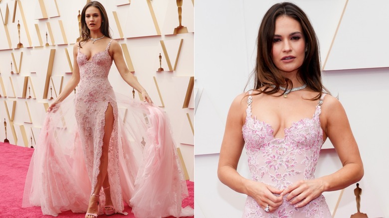 Lily James at the 2022 Oscars in a pink Versace dress