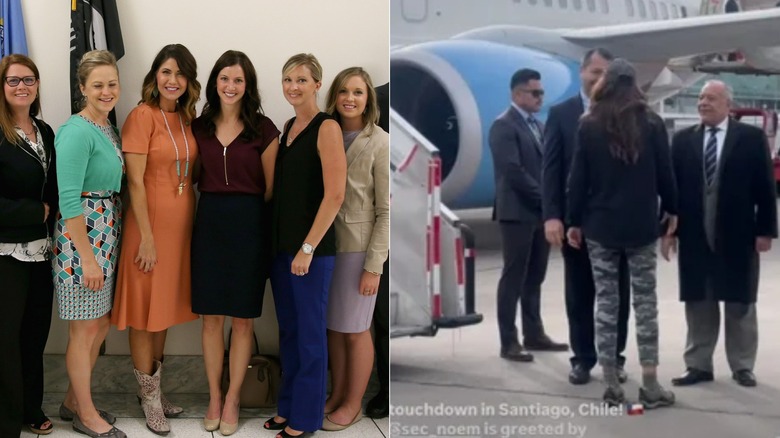 One photo of Kristi Noem in an orange dress and cowboy boots and another of her wearing camo leggings