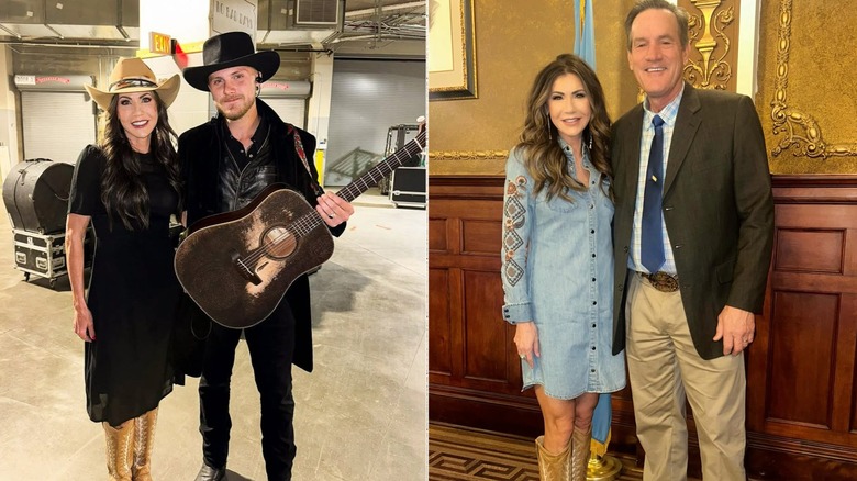 Kristi Noem wearing a black dress and a cowboy hat at a Lainey Wilson concert and cowboy boots with a blue dress