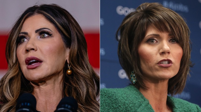 Kristi Noem with and without fake eyelashes.