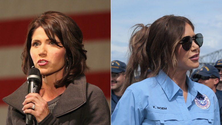 Side by side of Kristi Noem with a choppy lob in 2016 and with a messy updo in 2025