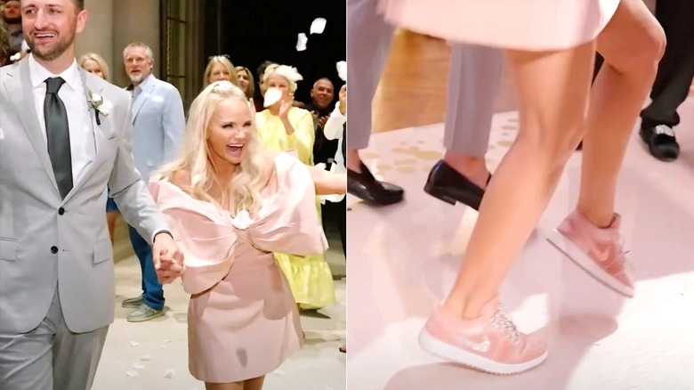 Kristin Chenoweth wearing a pink cocktail dress and sneakers at her wedding reception
