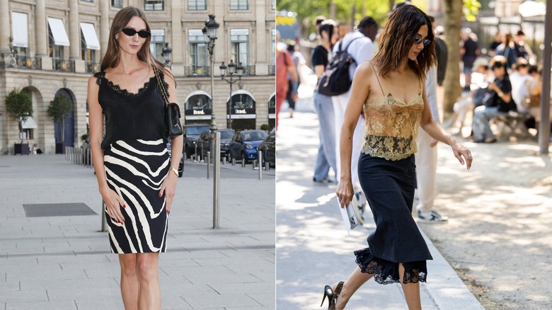 Karlie Kloss wearing a black lace camisole and printed pencil skirt on the left, and Christine Centenera wearing a gold lace camisole and pinstriped skirt during Paris Fashion Week on the right.