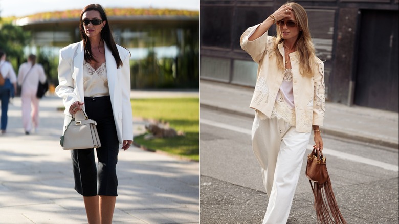 Copenhagen Fashion Week guest in a white blazer and ivory lace camisole on the left, and Olivia Anna-Catharina in an embroidered jacket and lace camisole during Copenhagen Fashion Week on the right.