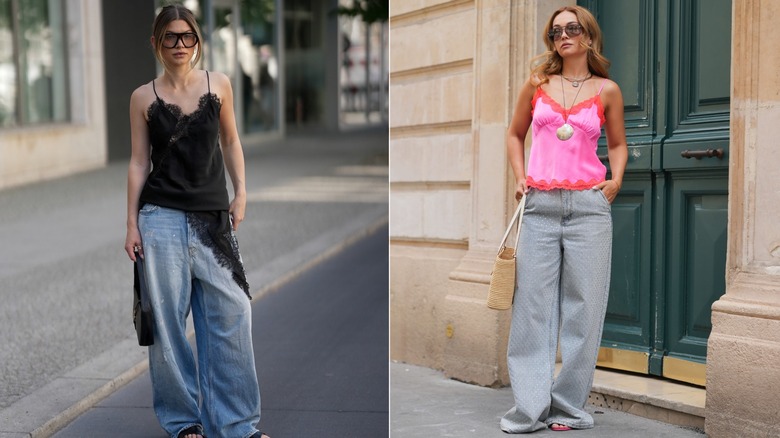 Sophia Geiss wearing a black lace camisole and baggy blue jeans on the right, and Merve Gorgoz wearing a pink and orange lace camisole and baggy blue jeans on the right.