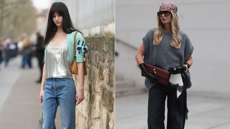 A guest during Paris Fashion Week wearing a lace and sequin camisole, and a mint green cardigan on the left,  and Olga Liber wearing a gray knit vest and a lace-trimmed camisole on the right.