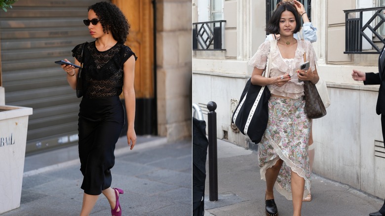A guest during Paris Fashion Week wearing a black camisole and lace top on the left, and a guest during Paris Fashion Week wearing a lace camisole and a sheer ruffled blouse on the right.