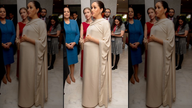 Meghan Markle in Morocco in a draped dress in 2019