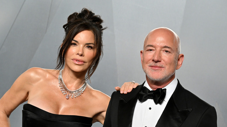 Close-up of Lauren Sanchez Bezos and Jeff Bezos in formal wear.