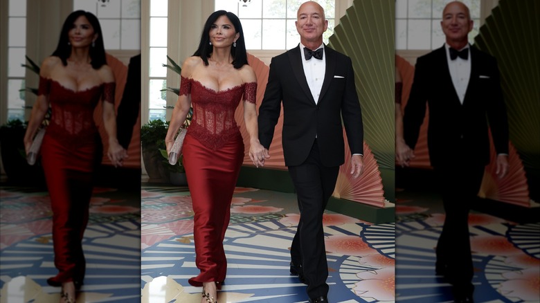 Lauren Sanchez Bezos wears a red off-the-shoulder dress with a lace bustier to a White House event in 2024.