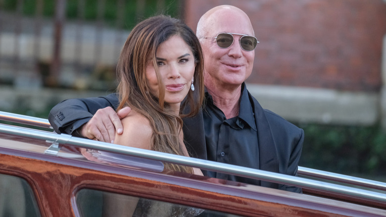 Jeff Bezos and Lauren Sanchez are seen leaving the Aman Hotel for a party at the Arsenale on June 28, 2025 in Venice, Italy (2025)