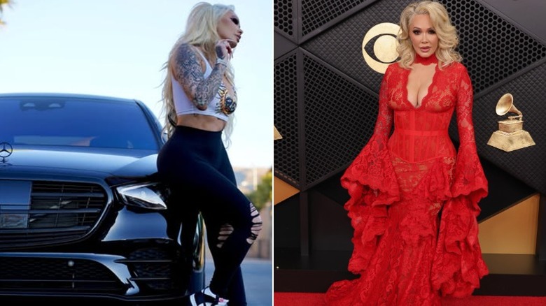 Bunnie Xo leaning on her Mercedes, and posing at the Grammy awards