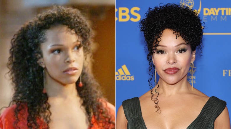 On left, Brook Kerr wore a brown fitted tank top with a fresh face and bouncy, natural locks at an autograph signing with her "Passions" cast members in Costa Mesa, California in 2003. On right, Brook Kerr wore a stunning emerald-green gown with a plunging neckline and an elegant updo with loose layers in front while attending the 49th Daytime Emmy Awards in Pasadena, California in 2022.