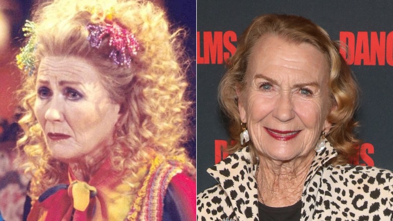 On left, Juliet Mills wears her blond hair teased in voluminous curls with bright colored clothing while portraying Tabitha Lenox in a scene of "Passions." On the right, Juliet Mills wears a collared animal-print jacket with a black t-shirt underneath and her red hair down in waves at the 2023 world premiere of "7000 Miles" in Hollywood.