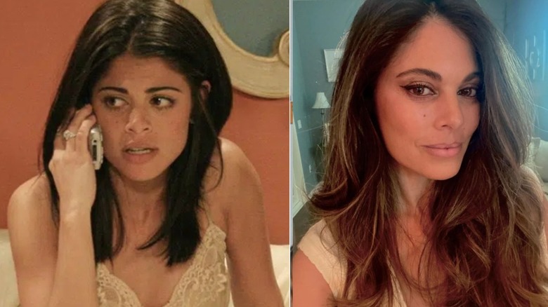 On left, Lindsay Korman-Hartley wore a beige lacy satin camisole in bed while playing Theresa on a scene of "Passions." On right, Lindsay Korman-Hartley in a selfie taken in 2026