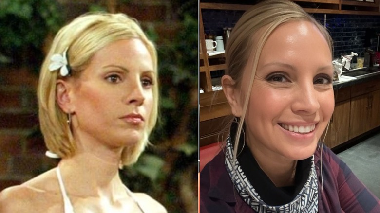 On left, Liza Huber wears a white bikini top along with her blond hair in a white flower in her hair while filming a scene for "Passions." On right, Liza Huber in a 2024 selfie