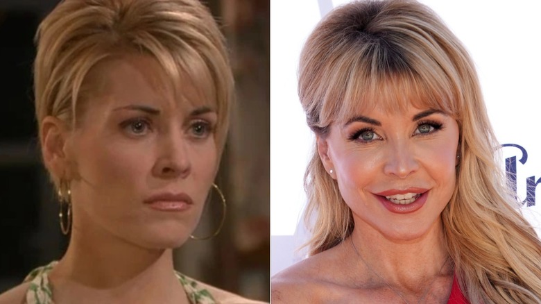 On left, McKenzie Westmore wore her blond hair short and choppy with a black lace dress at the NBC All-Star Winter Party in Los Angeles, California in 2003. On right, McKenzie Westmore wore her long blond hair half-up with a red one-shoulder pantsuit at the Los Angeles Magazine Best of Beauty Awards in Malibu, California in 2023.
