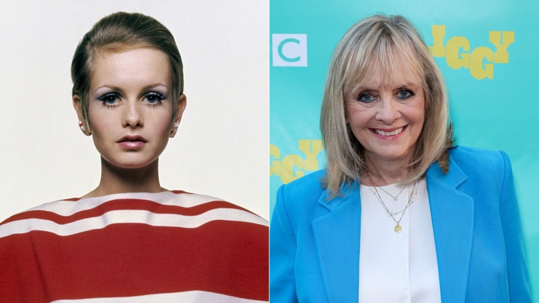 Twiggy in the '60s (L) and Twiggy in 2026 (R)