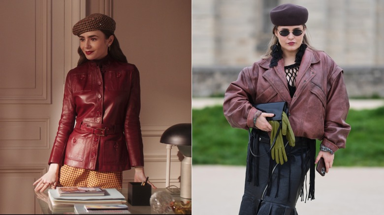 (L) Emily Cooper in "Emily in Paris" (R) A woman rocking a leather jacket and a pillbox hat.