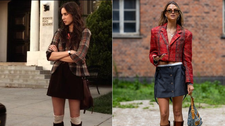 (L) Spencer Hastings in "Pretty Little Liars" (R) A woman in a blazer and a mini skirt.