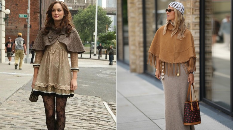 (L) Blair Waldorf in "Gossip Girl" (R) A woman using a poncho-like cape over a maxi dress.
