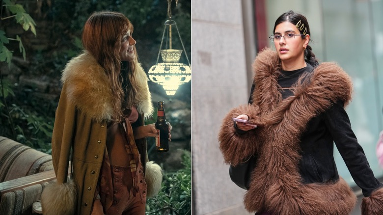 (L) Daisy Jones in "Daisy Jones and the Six" (R) A woman using a furry coat on the streets.